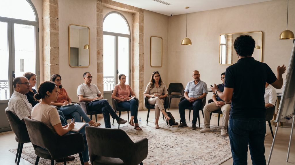 Adults discussing ideas during an educational workshop