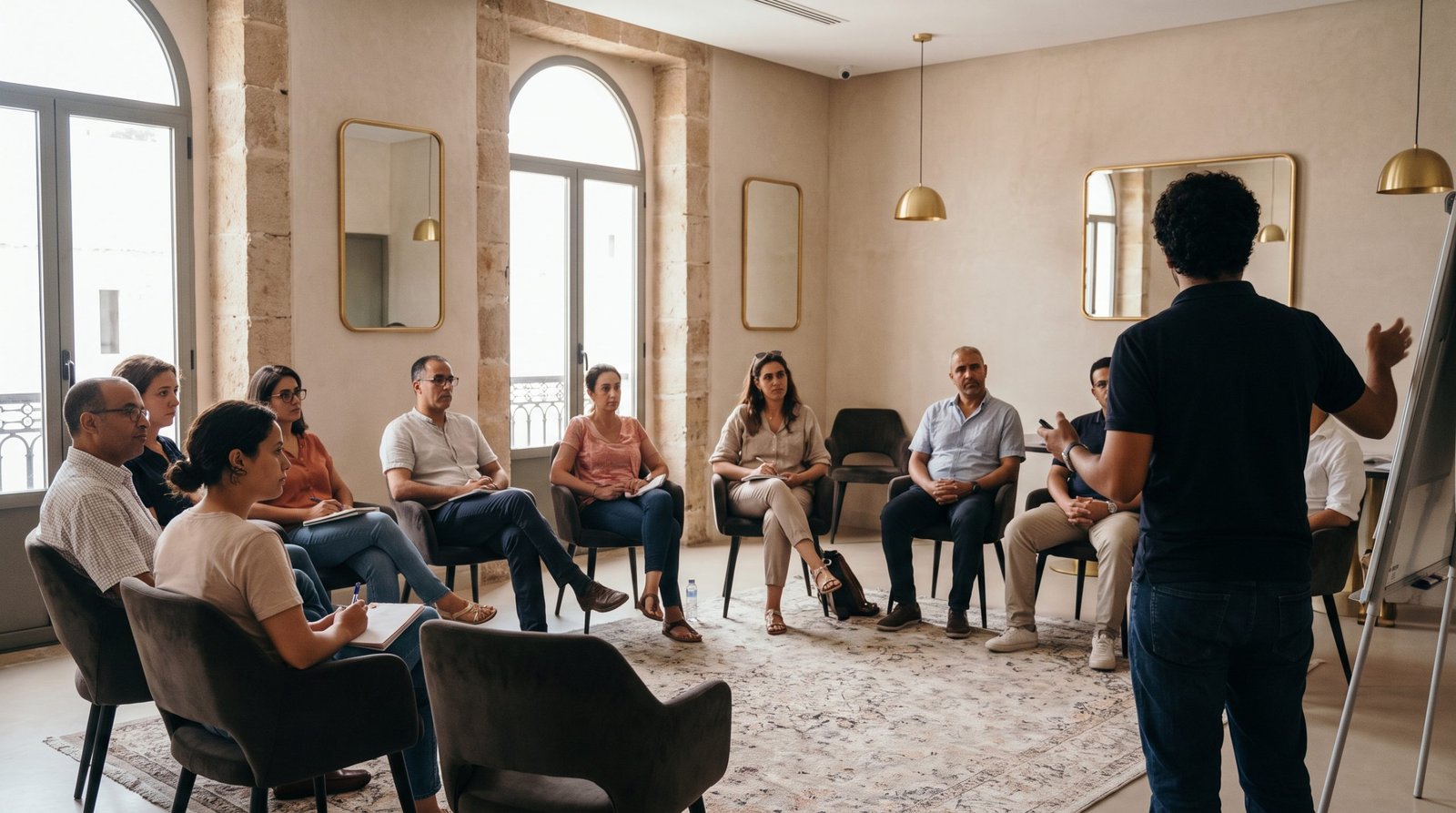 Adults discussing ideas during an educational workshop
