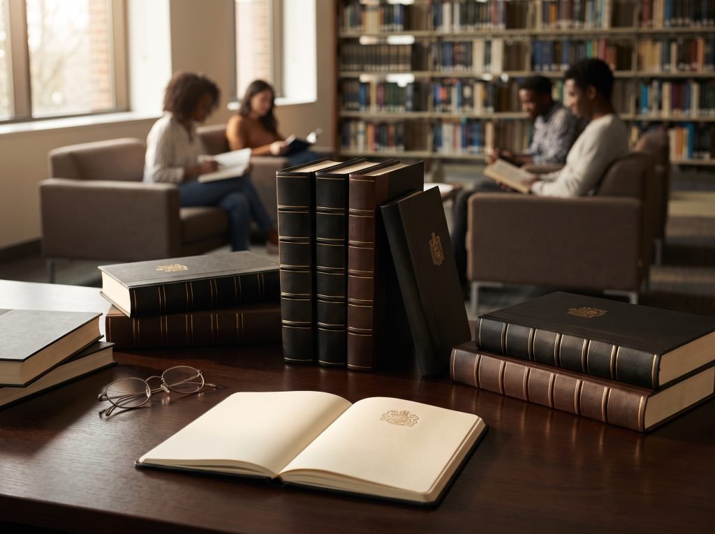Books and a notebook on a study table