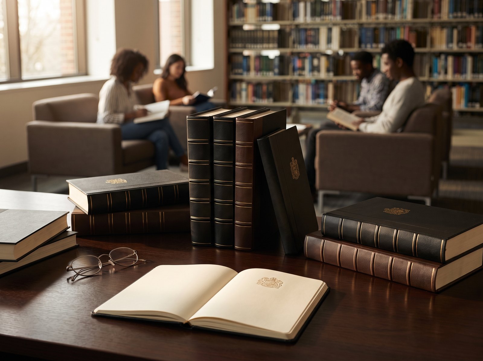Books and a notebook on a study table