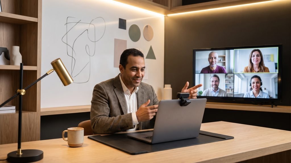 English teacher leading an online learning session